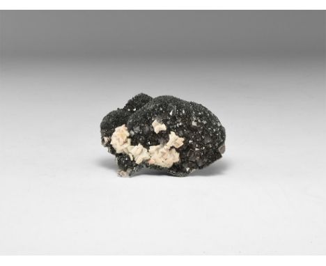 A fine specimen of specular hematite with dolomite crystals, in old white tray with text 'Dolomite on Specular Hematite, Beck
