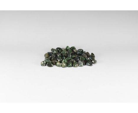 A group of fifty dark green polished moss agate specimens. 425 grams total, 18-24mm (3/4 - 1"). From the historic ‘Victorian 