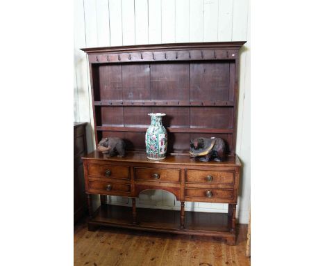 Oak shelf back five drawer potboard dresser, 200.5cm by 161cm.