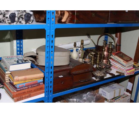 Shelf of maps, books, copper, silver plated ware, leather case, mantel clock, lanterns, wooden box, single records.