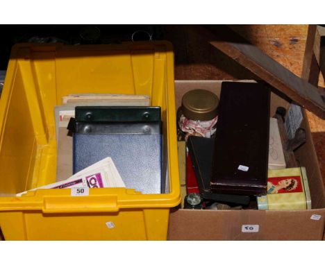 Two boxes of cigarette cards, silver plated cutlery, tools, tins, marbles, coinage, Rexel pen.