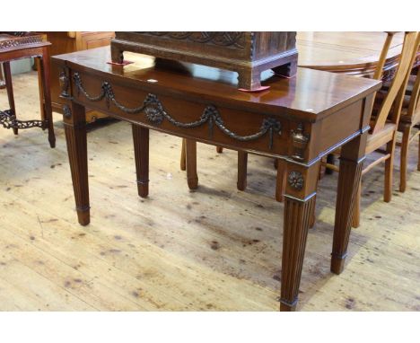 Period style mahogany bow front console table on square tapering fluted legs, 79cm by 122cm.