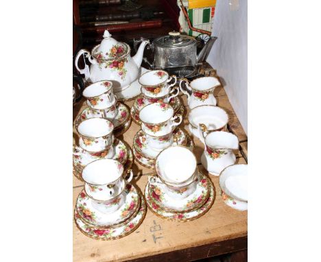 Forty three piece Royal Albert Old Country Roses tea service and three pieces of silver plate.
