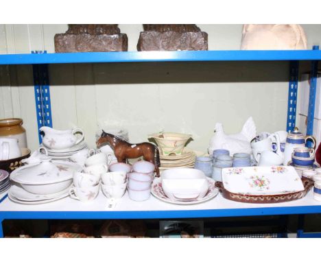 Shelf of Royal Doulton Tumbling Leaves, Denby, Beswick, Royal Doulton Dubarry, Minton.