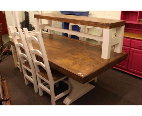 Rectangular painted and pine kitchen table, four ladder back chairs and bench.