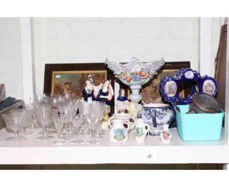 Continental china centrepiece, two Victorian Staffordshire figures, two Continental china clocks, four pieces of Goss crested