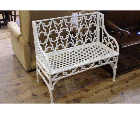 White painted cast metal garden bench, 97.5cm long.