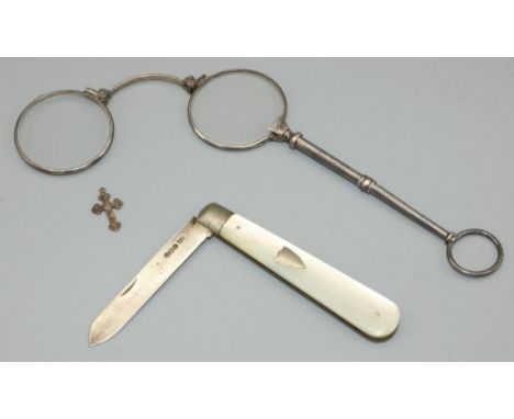 Geo.V1 silver bladed mother of pearl soft fruit knife, by William Needham, Sheffield 1924, a small cross charm stamped Silver