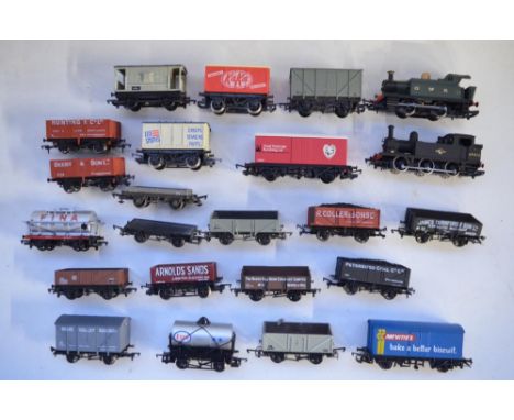 Hornby OO gauge railway wagons and two electric trains, Dapol wagons, Bachmann 030 saddle tank engine, Hornby 040 tank engine