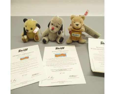 Steiff Sooty and Sweep ornaments, limited edition 389/2000 and 769 of 2000, box with certificates (no boxes), and a Steiff Wi