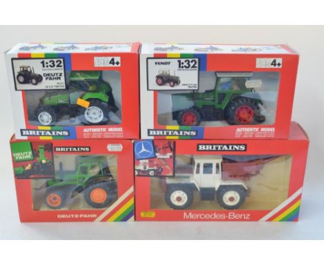 Four boxed 1/32 Britain's tractor models: Deutz-Fahr 8-wheeler (9530) and DX 4.57 Tractor (9496), Fendt 615 LSA (0504), Merce