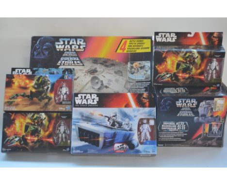 Collection of Star Wars toys to include Kenner and Disney Hasbro sets, factory sealed except AT-AT (incomplete missing driver