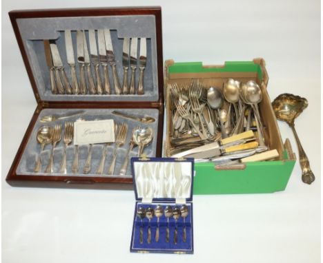 Canteen of EPNS beaded Old English pattern cutlery (42pcs) and a collection of Victorian and later EPNS cutlery incl. ladle e