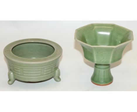 Chinese Yuan style celadon glazed porcelain stem bowl, H11.5cm, and a Chinese Yuan style celadon glazed porcelain tripod cens