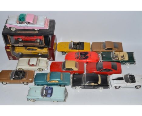 Collection of fifteen 1:18 scale diecast model vehicles including Maisto, Road Legends, Mira, etc including boxed Maisto Corg