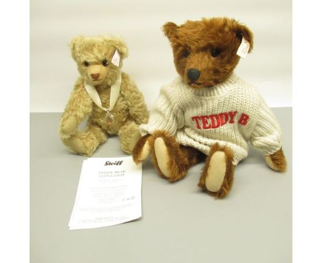 Steiff teddy bear in cream knitted jumper 'Teddy B', in brown mohair, H32cm, boxed with no certificate, and Steiff Little Gem