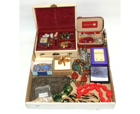 Collection of costume jewellery incl. brooches, necklaces, EPNS mesh evening bag, enamel type ring, Art Nouveau enamel ear ri