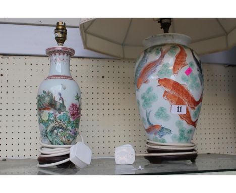 Ceramic Koi decorated Lamp base with shade and a Peacock decorated Chinese Lamp base 