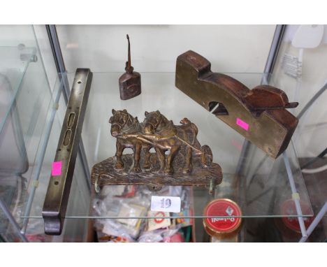 Collection of Brassware's inc. Spirit Level, Box plane, Sewing Machine Oil bottle and a Shire Horse rack 