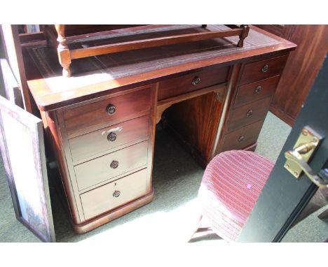 20thC Leather topped desk with circular drop handles 