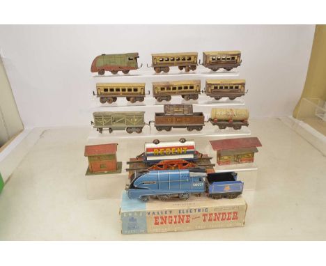 A modest collection of 0 Gauge Trains by Chad Valley Brimtoy and others (qty),  including a boxed Chad Valley battery-electri