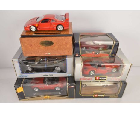 Burago and Other 1:18 and 1:24 Scale 1950s and Later Cars (6), all boxed, Maisto 36896 BMW Z8, Welly 2512 MGT BMW 745i, Burag