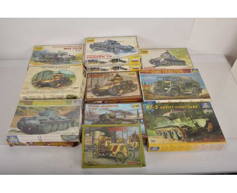 Unbuilt 1/35 scale plastic  military kits  in original boxes (15), comprising Italeri BT5 Soviet Light Tank, German PzkPfw 38