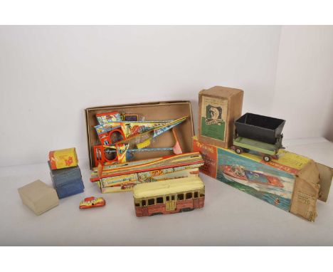 Technofix tinplate Mine and Mettoy Funfair base Meccano clockwork Motors and Knights Head Dump wagon and Tri-ang electric Boa