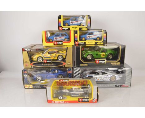 Burago and Maisto 1:18 Scale and 1:24 Scale Modern Competition Cars (8), all boxed, undisplayed, Maisto GT Racing 38864 Porsc