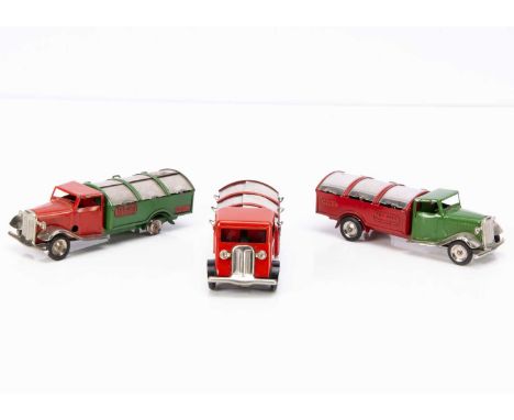 Tri-ang Minic Tinplate Clockwork Post-War 32M Dust Carts, three examples, first all red with forward control type cab, diecas