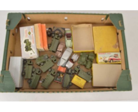 Postwar Playworn/Repainted Dinky Toys and Boxes (24), private cars and military models, 27B Harvest Trailer three model trade