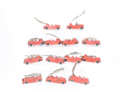 DCMT Crescent Toys Fire Engine No.1221, thirteen examples, all red body, black plastic wheels, tin ladders, four with figures