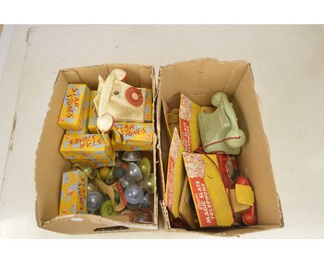 Four Boxes of  1950'S ex shops Toys many in original boxes including EMU Jacks Kleeware Telephone balancing Toys and Scoobeed