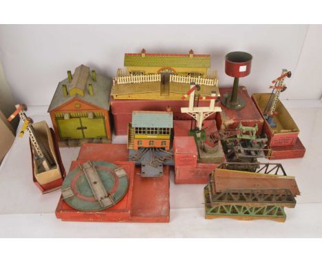 Mostly Pre-war Hornby 0 Gauge Lineside Accessories (qty), including boxed 'Ripon' station, G-VG, boxed Water Tank (incomplete