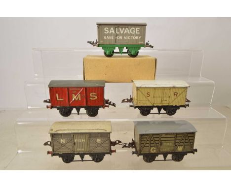 Hornby 0 Gauge pre-war vans and one Repro (5), original vans including LMS gunpowder in red with large gold letters, F, consi