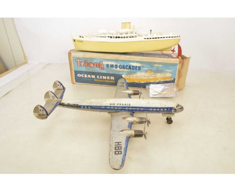 Joustra Tinplate Airplane and Tri-ang Ocean Liner (2), unboxed Joustra Air France blue and white  four engine Super G Constel