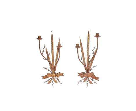 A pair of 1970's Spanish gilt metal stiff leaf twin-light wall lights
Riband tied,&nbsp;fitted for electricity, each 61cm hig