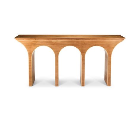 A bespoke contemporary light oak and sycamore line inlaid narrow console centre tableIn the form of a viaduct, he rectangular