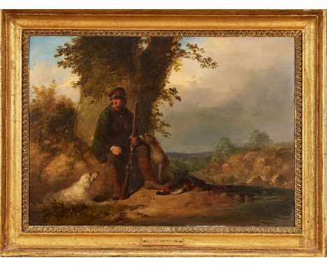 James Hardy Snr (British, 1801-1879)
Game Keeper with hunting dogs beneath an oak tree
Oil on board
Signed lower left
24cm x 