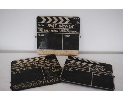 Film Clapper Boards, three large Film Clapper boards (38cm x 35cm one slightly smaller) from films 'Hold the Dream' Director 