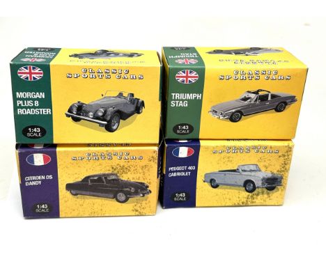 4 boxed atlas classic sports cars inc truimph stag morgan plus 8 roadster citroen dandy peugeot 403 in boxed unused condition