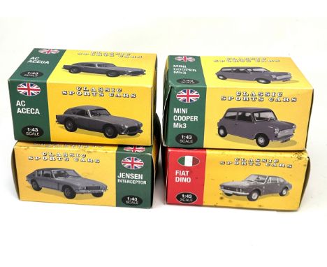 4 boxed atlas classic sports cars inc ac aceca mini cooper mk3 jensen interceptor fiat dino boxed unused condition