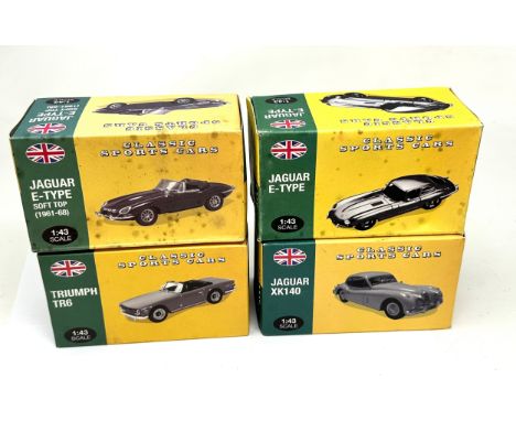 4 boxed atlas classic sports cars inc triumph tr6 jaguar e type soft top jaguar xk140 jaguar e-type boxed unused condition