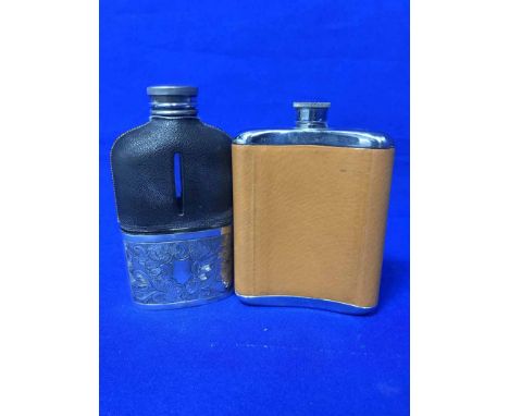 WOODEN CASKET AND A VINTAGE RULERtogether with two hip flasks
