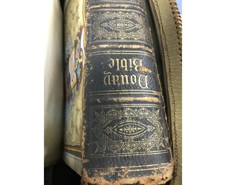 VICTORIAN FAMILY BIBLE AND VINTAGE LEATHER BAG 