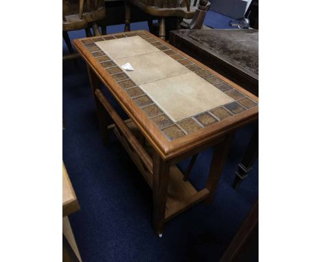 MODERN OAK COFFEE TABLE AND A TILE TOPPED MAGAZINE TABLE