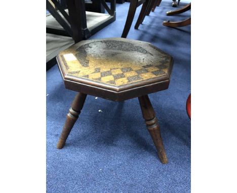 MAHOGANY MILKING STOOLtogether with a vintage rocking horse