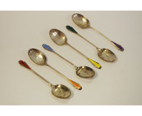A set of six Art Deco silver and guilloché enamel teaspoons