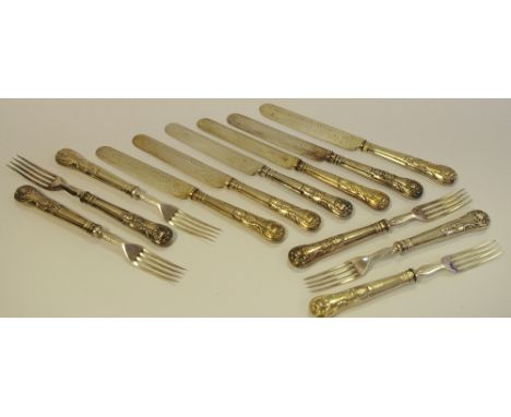 A Victorian silver-hafted King's pattern dessert service, comprising six pairs of knives and forks, maker JG, Sheffield c.187