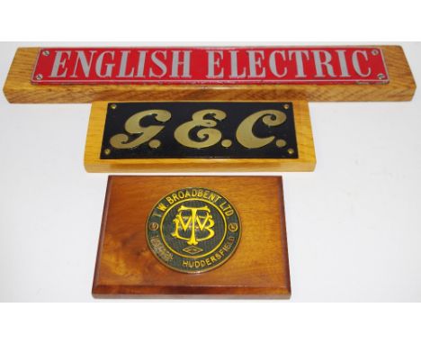 Railway - an aluminium plaque `English Electric` from a diesel engine Class 40, oak mount; a General Electric Company plaque 